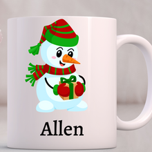 Load image into Gallery viewer, Personalized Snowman Christmas mug, Cute Christmas mug, Hot chocolate mug for kids, Christmas gift.