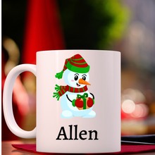 Load image into Gallery viewer, Personalized Snowman Christmas mug, Cute Christmas mug, Hot chocolate mug for kids, Christmas gift.