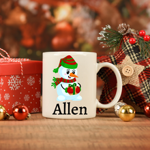 Load image into Gallery viewer, Personalized Snowman Christmas mug, Cute Christmas mug, Hot chocolate mug for kids, Christmas gift.