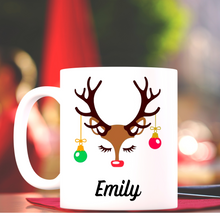 Load image into Gallery viewer, Personalized hot chocolate mug, Reindeer funny face Christmas mug, Hot cocoa mug, Secret Santa gift, Custom name mug