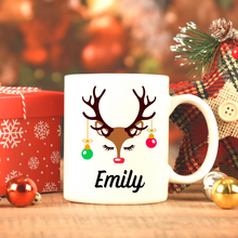 Load image into Gallery viewer, Personalized hot chocolate mug, Reindeer funny face Christmas mug, Hot cocoa mug, Secret Santa gift, Custom name mug