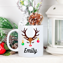 Load image into Gallery viewer, Personalized hot chocolate mug, Reindeer funny face Christmas mug, Hot cocoa mug, Secret Santa gift, Custom name mug