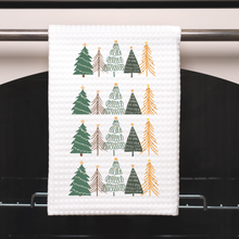 Load image into Gallery viewer, Christmas tree kitchen towel, Waffle weave tea towel, Kitchen Decor, Christmas gift, Cottage core, Housewarming gift.
