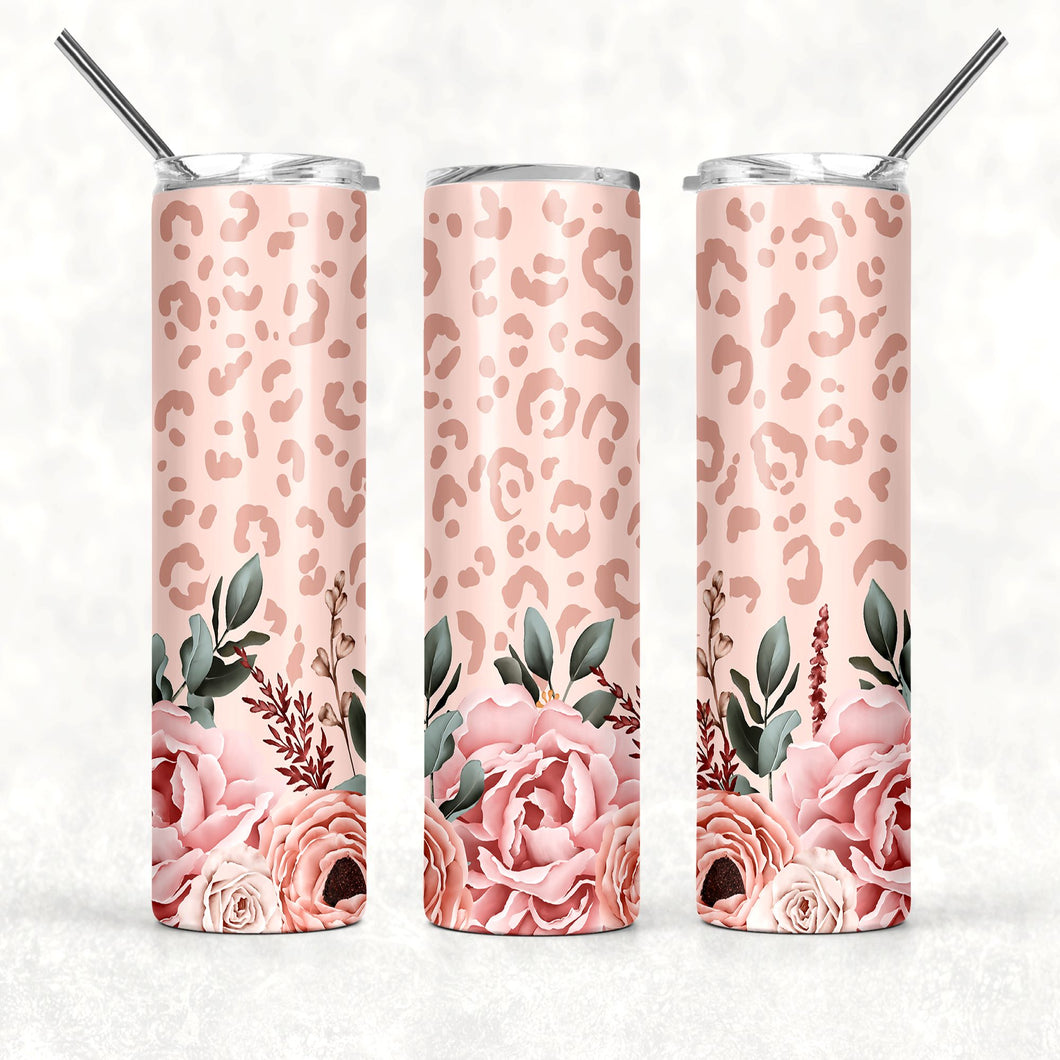 Blush Leopard flower insulated stainless steel skinny 20 ounce tumbler with metal straw, gift for any occasion.