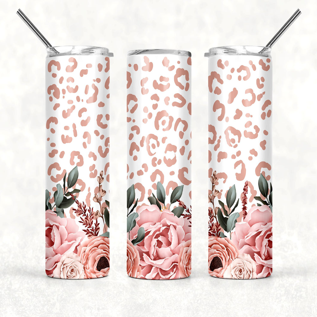 White Leopard flower Stainless steel skinny tumbler with leak proof lid and metal straw, gift idea.