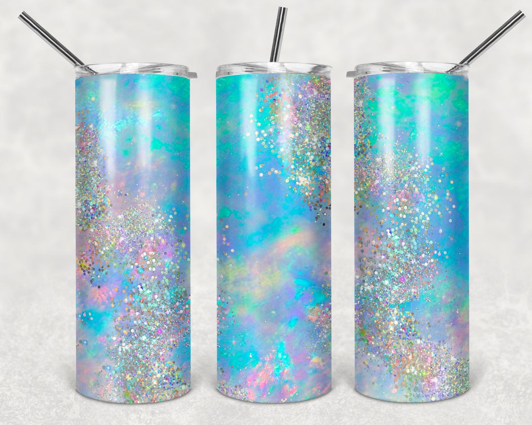 Blue glitter stainless steel skinny tumbler with lid and straw, Gift idea.