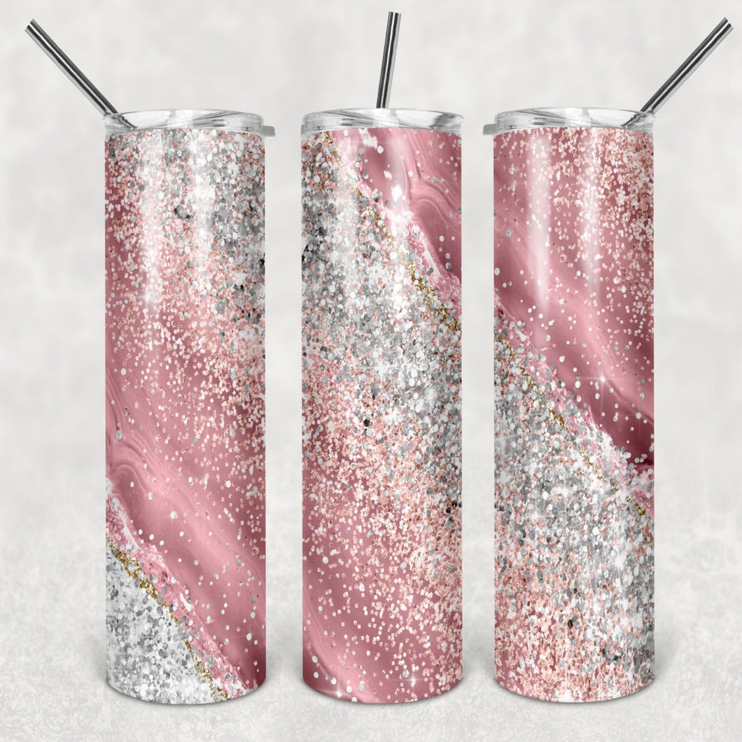 Pink 20 oz insulated stainless steel skinny tumbler with leak proof lid and metal straw, Custom tumbler.