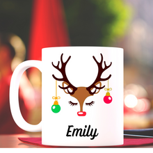 Load image into Gallery viewer, Personalized  hot chocolate mug, Reindeer funny face Christmas mug, Hot cocoa mug, Secret Santa gift, Custom name mug
