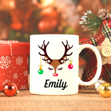 Load image into Gallery viewer, Personalized  hot chocolate mug, Reindeer funny face Christmas mug, Hot cocoa mug, Secret Santa gift, Custom name mug
