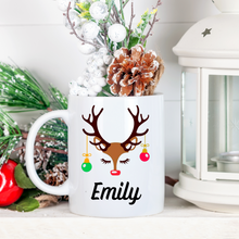 Load image into Gallery viewer, Personalized  hot chocolate mug, Reindeer funny face Christmas mug, Hot cocoa mug, Secret Santa gift, Custom name mug
