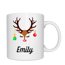 Load image into Gallery viewer, Personalized  hot chocolate mug, Reindeer funny face Christmas mug, Hot cocoa mug, Secret Santa gift, Custom name mug
