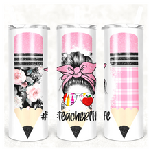 Load image into Gallery viewer, Pink teacher tumbler with straw and leak proof lid, Teacher appreciation gift, Gift for teacher, Teacher life tumbler, 20 oz skinny tumbler.
