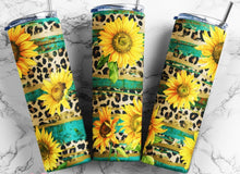 Load image into Gallery viewer, Leopard Sunflower stainless steel skinny tumbler, 20oz tumbler with lid and straw.
