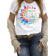 Load image into Gallery viewer, Sunflower Tie Dye Ladies T shirt, In a world full of Roses be a Sunflower.
