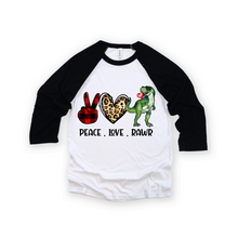 Load image into Gallery viewer, Raglan Peace Love Roar kids T shirt, Dinosaur Shirt.
