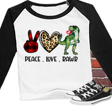 Load image into Gallery viewer, Raglan Peace Love Roar kids T shirt, Dinosaur Shirt.
