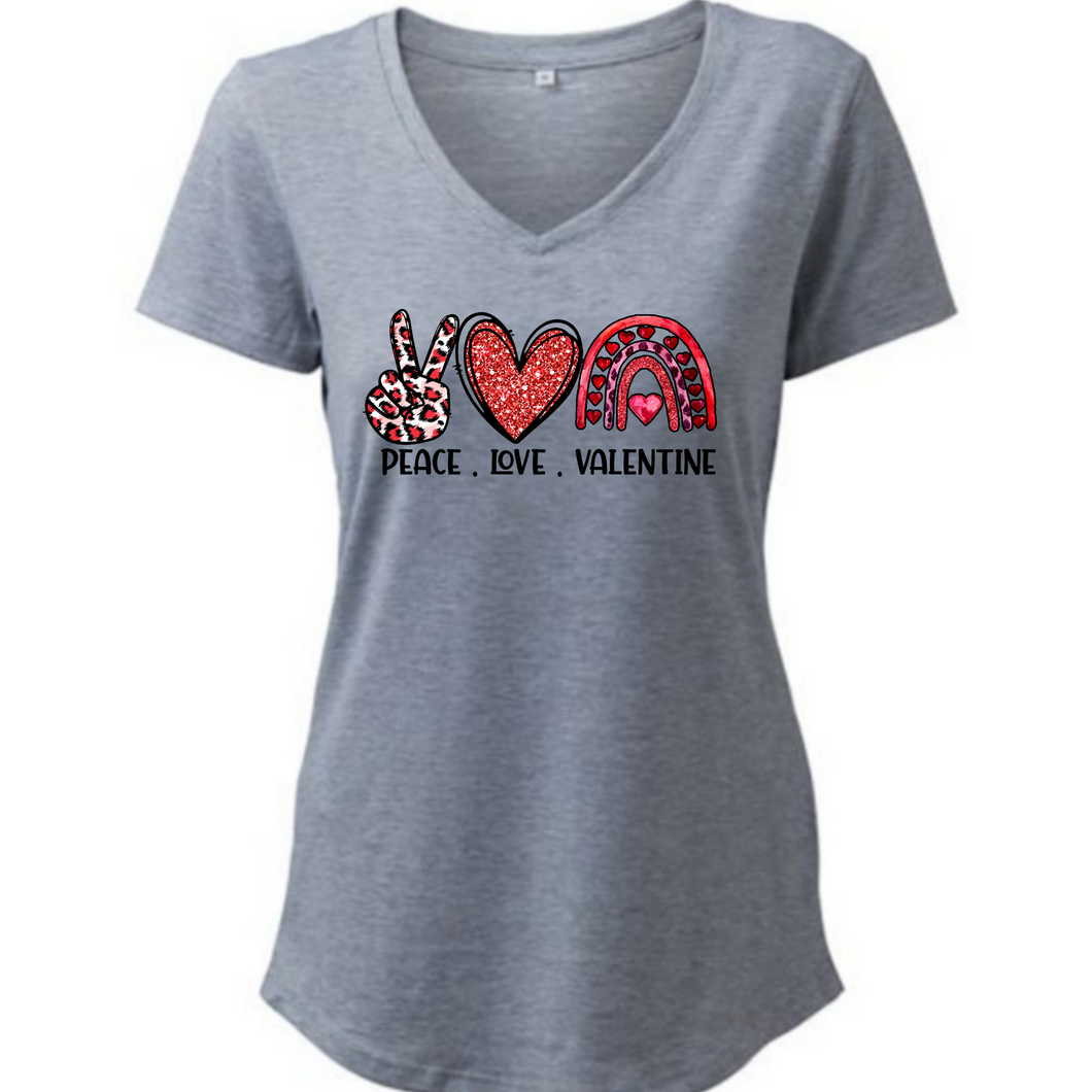 V neck Peace Love Valentine short sleeve shirt, Ladies T shirt.